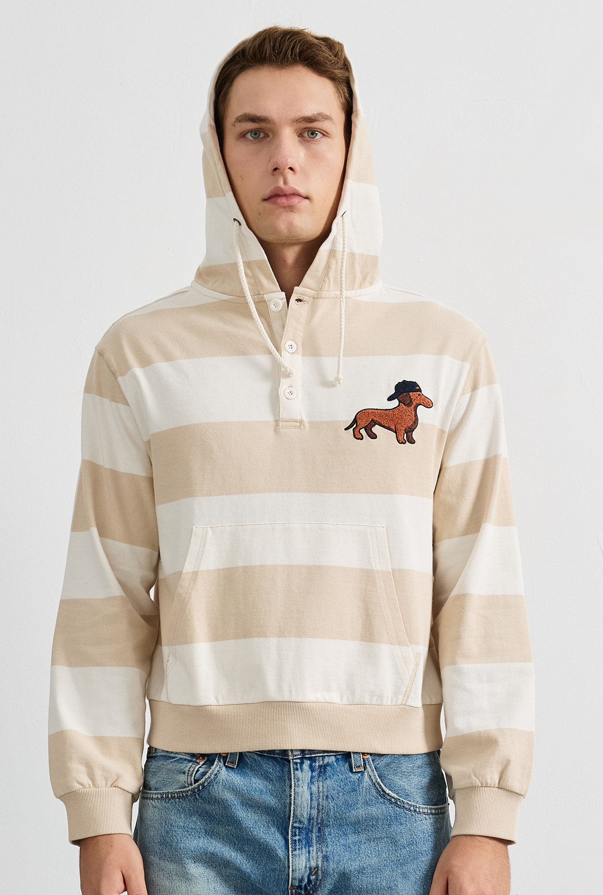 BOLD STRIPED EMBROIDERED PATCH HOODIE - Oatmeal (1)