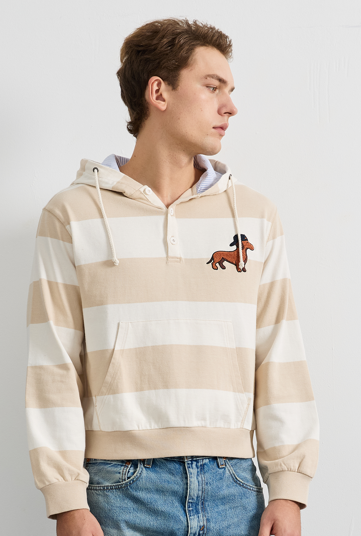 BOLD STRIPED EMBROIDERED PATCH HOODIE - Oatmeal (2)